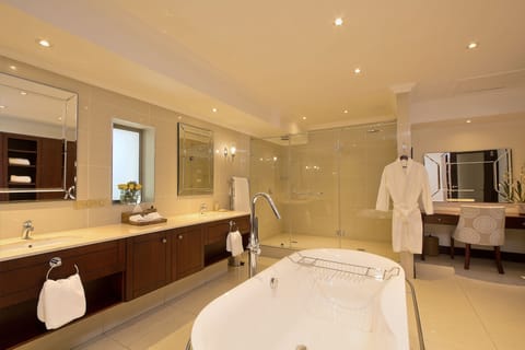 Separate tub and shower, free toiletries, hair dryer, bathrobes