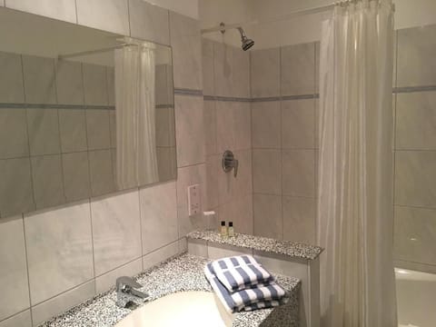 Combined shower/tub, free toiletries, hair dryer, towels