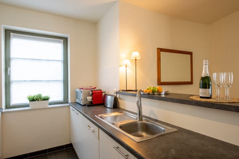 Business Apartment | Private kitchen | Full-size fridge, microwave, oven, stovetop