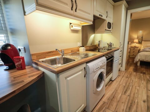 Fridge, microwave, electric kettle, toaster