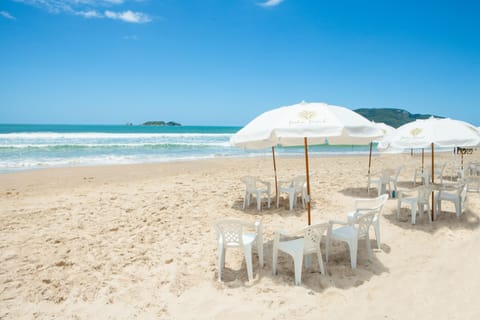 On the beach, sun loungers, beach umbrellas