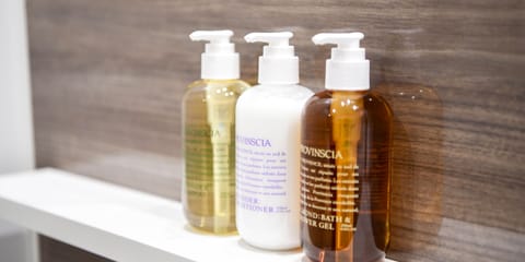 Combined shower/tub, free toiletries, hair dryer, slippers