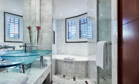 Separate tub and shower, deep soaking tub, rainfall showerhead