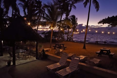 On the beach, sun loungers, beach umbrellas, beach towels