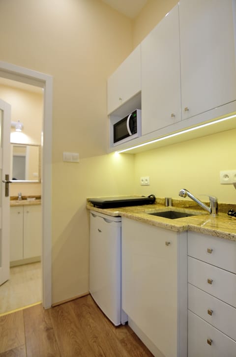 Studio Suite | Private kitchen | Fridge, microwave, stovetop, electric kettle