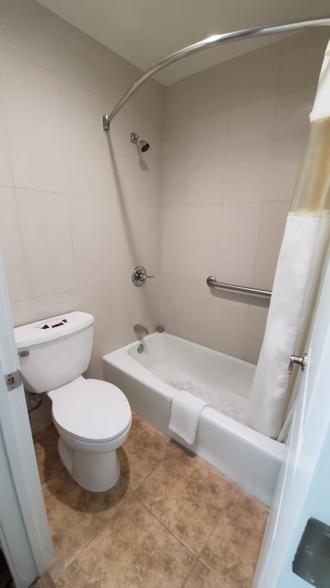 Combined shower/tub, free toiletries, towels