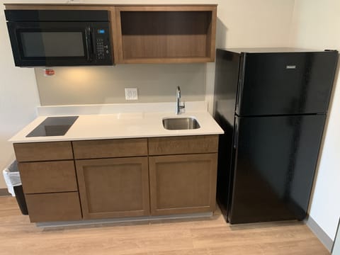 Full-size fridge, microwave, stovetop, freezer