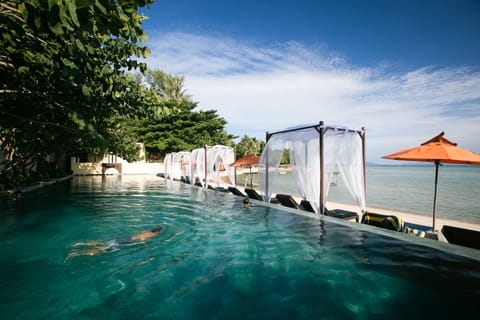 Outdoor pool, pool umbrellas, sun loungers