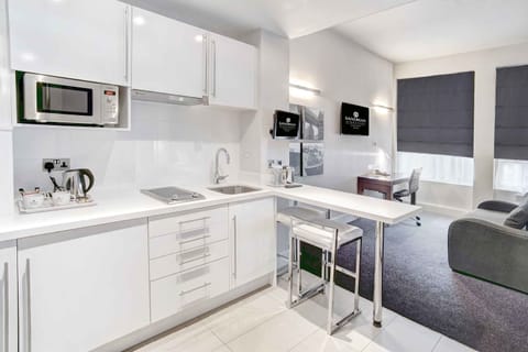 Fridge, microwave, coffee/tea maker, electric kettle