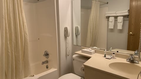 Combined shower/tub, free toiletries, hair dryer, towels