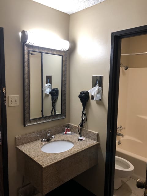 Combined shower/tub, free toiletries, hair dryer, towels