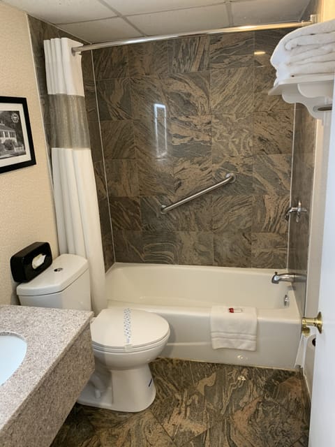 Combined shower/tub, free toiletries, towels