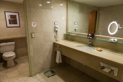 Combined shower/tub, deep soaking tub, free toiletries, hair dryer