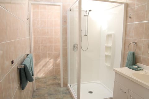 Shower, free toiletries, hair dryer, towels