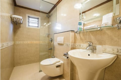 Separate tub and shower, free toiletries, hair dryer, towels