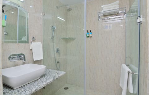 Shower, rainfall showerhead, free toiletries, bidet