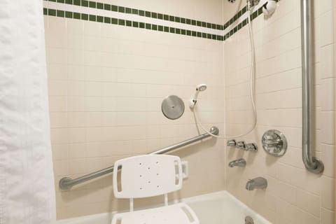 Combined shower/tub, free toiletries, hair dryer, towels