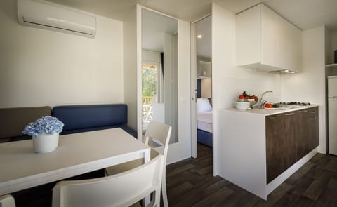 Superior Mobile Home | Private kitchen | Full-size fridge, microwave, stovetop, electric kettle