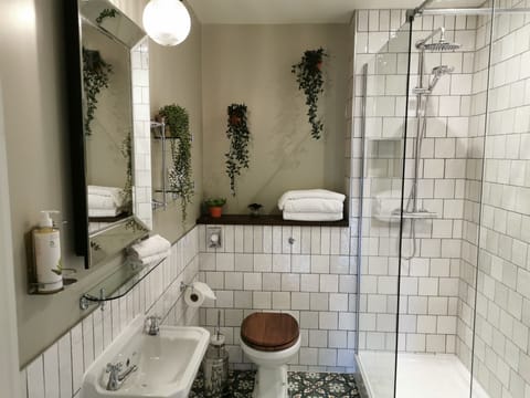 Shower, free toiletries, hair dryer, towels