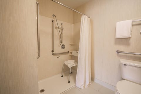 Combined shower/tub, free toiletries, hair dryer, towels