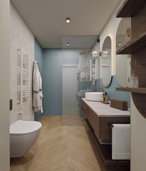 Shower, free toiletries, hair dryer, towels