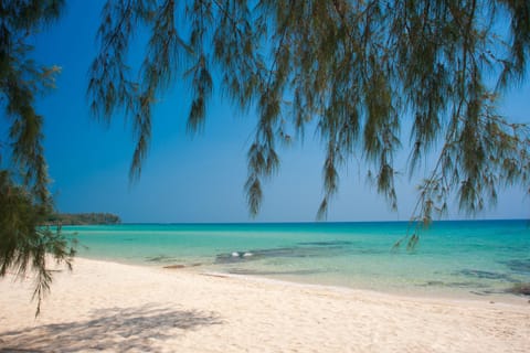 On the beach, white sand, sun loungers, beach umbrellas