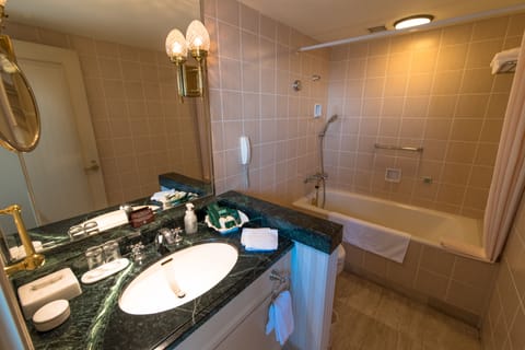 Combined shower/tub, free toiletries, hair dryer, bathrobes