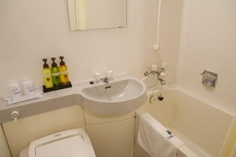 Combined shower/tub, deep soaking tub, free toiletries, hair dryer