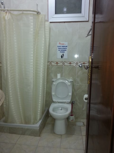 Combined shower/tub, bidet, towels