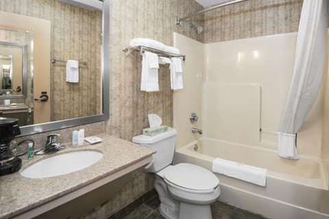 Combined shower/tub, deep soaking tub, free toiletries, hair dryer