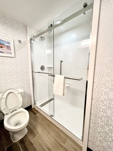 Combined shower/tub, free toiletries, hair dryer, towels