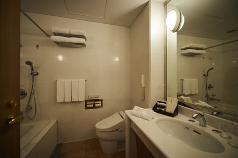 Combined shower/tub, eco-friendly toiletries, hair dryer, slippers