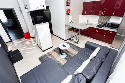 Comfort Apartment | Private kitchen | Full-size fridge, microwave, stovetop, electric kettle