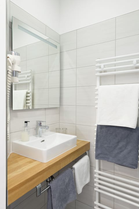 Basic Double Room (Klein) | Bathroom | Shower, hair dryer, towels, soap