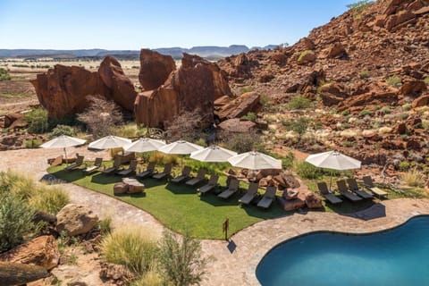 Outdoor pool, pool umbrellas, sun loungers