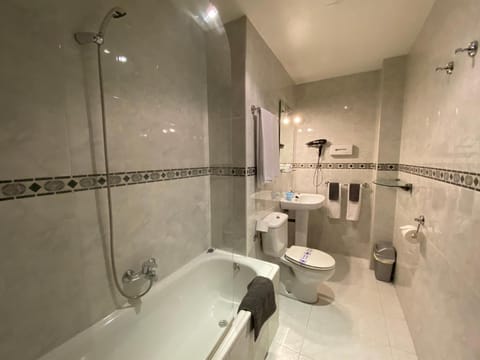 Combined shower/tub, free toiletries, hair dryer, towels