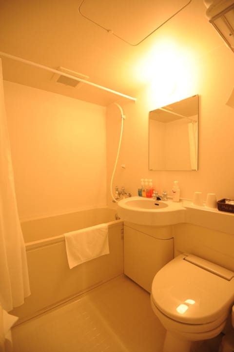 Combined shower/tub, free toiletries, hair dryer, slippers