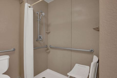 Combined shower/tub, free toiletries, hair dryer, towels