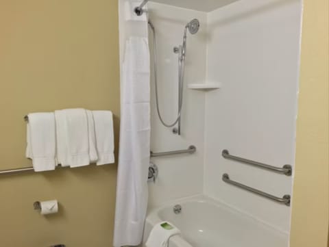 Combined shower/tub, free toiletries, hair dryer, towels