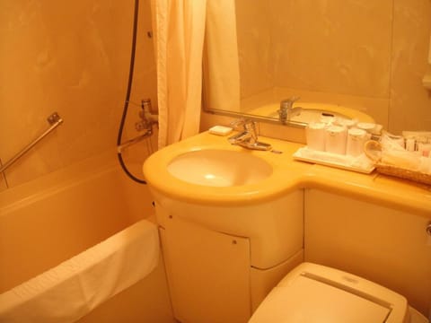 Combined shower/tub, free toiletries, hair dryer, slippers