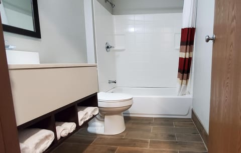 Combined shower/tub, free toiletries, hair dryer, towels