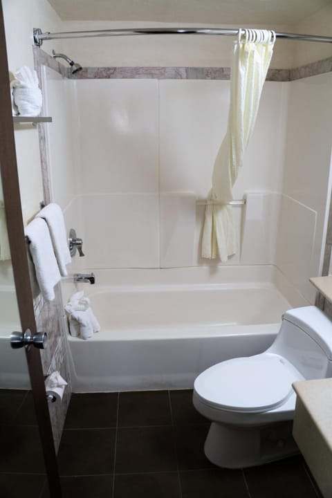 Combined shower/tub, hair dryer, towels, soap