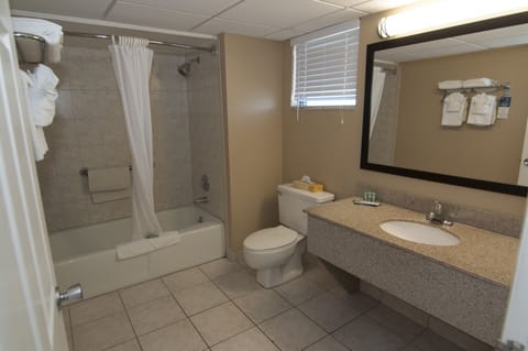 Combined shower/tub, free toiletries, hair dryer, towels