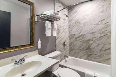 Combined shower/tub, deep soaking tub, rainfall showerhead, hair dryer