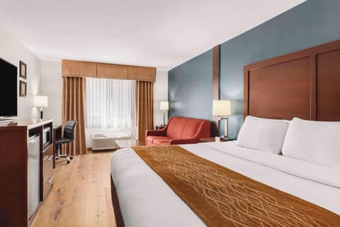 Premium bedding, desk, laptop workspace, blackout drapes