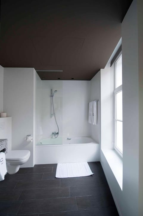 Hydromassage showerhead, free toiletries, hair dryer, towels