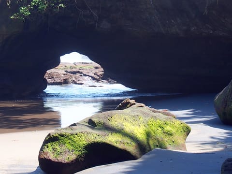 Beach nearby, black sand, beach umbrellas