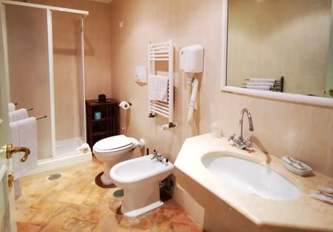 Shower, rainfall showerhead, hair dryer, bathrobes