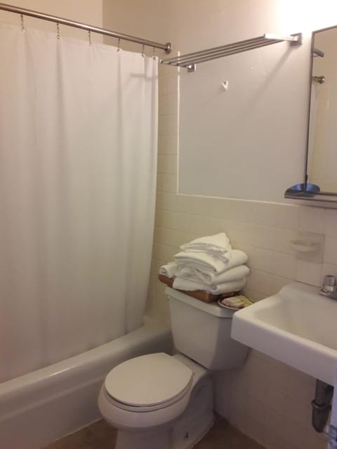 Combined shower/tub, free toiletries, hair dryer, towels