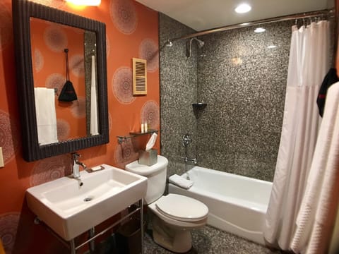 Combined shower/tub, free toiletries, hair dryer, towels